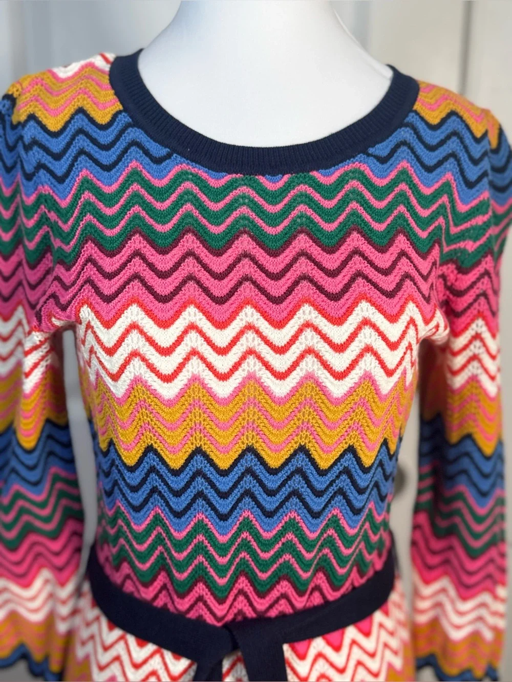Boden Powis Pointelle Knit Dress 8 Chevron Belted Scalloped Cotton Midi Office